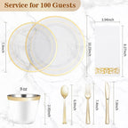 BESTVIP 700PCS Clear Gold Disposable Dinnerware Set for 100 Guests, Plastic Plates for Party, Wedding, Christmas, Include: 200 Plastic Plates, 100 Gold Silverware, 100 Cups, 100 Napkins