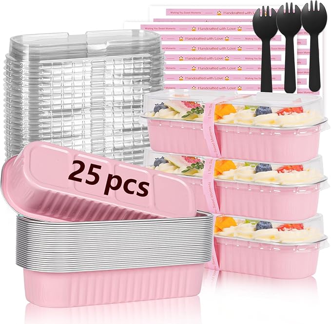 25 Pack Mini Loaf Pans with Lids and Spoons Sealing Sticker, 6.8oz Mini Cake Pans for Baking, Disposable Aluminum Foil Loaf Pans, Pink Loaf Baking Pans, Small Cake Containers With Lids