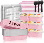 25 Pack Mini Loaf Pans with Lids and Spoons Sealing Sticker, 6.8oz Mini Cake Pans for Baking, Disposable Aluminum Foil Loaf Pans, Pink Loaf Baking Pans, Small Cake Containers With Lids