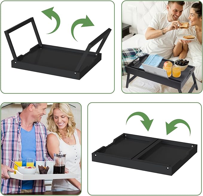 Bamboo Bed Tray Table with Foldable Legs, Breakfast in Bed Tray for Eating, Kitchen Serving Trays, Folding Table for Sofa, Beds, Eating, Working, Used As Laptop Desk Snack Trays, Black
