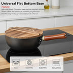 WANGYUANJI Carbon Steel Wok with Lid, 8.7" Small Mini Wok Pan, Thickened Heavy Duty Flat Bottom for Deep Frying, Camping & Solo Meals, Induction Ready, Seasoning Required, Traditional Pow Skillet