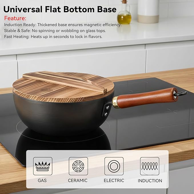 WANGYUANJI Carbon Steel Wok with Lid, 8.7" Small Mini Wok Pan, Thickened Heavy Duty Flat Bottom for Deep Frying, Camping & Solo Meals, Induction Ready, Seasoning Required, Traditional Pow Skillet