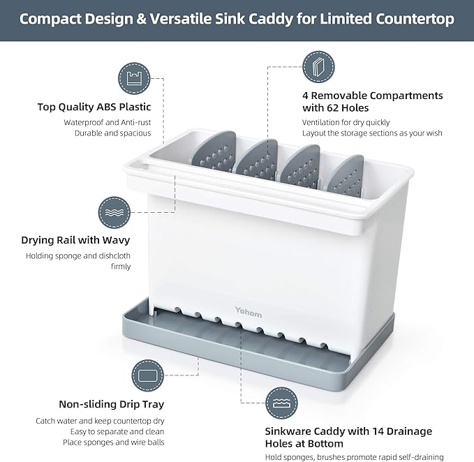 YOHOM 2-in-1 Sink Caddy with Sink Drain Tray & 4 Adjustable Dividers for Kitchen Sponge & Brush Holder