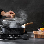 Deep Nonstick Frying Pan with Lid, 4.5 QT Swiss Granite Coating Sauté Pan, 12 Inch Healthy Non Stick Skillet Cooking Pan and Helper Handle with Silicone Cover, PFOA Free, Induction Ready.