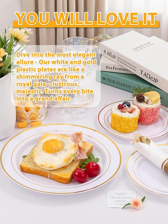 WDF Partyware 175PCS White and Gold Plastic Plates - Gold Plates with Rolled Napkins for Party - 25Guest Disposable Dinnerware Sets for Wedding/Baby Shower/Spring/Birthday/Mother's Day