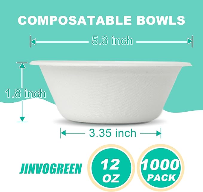 JINVOGREEN 1000 Count 12 oz Paper Bowls, Disposable Compostable Bowls Bulk, Heavy Duty Biodegradable Bagasse Bowl for Snacks, Soup, and Salads, White