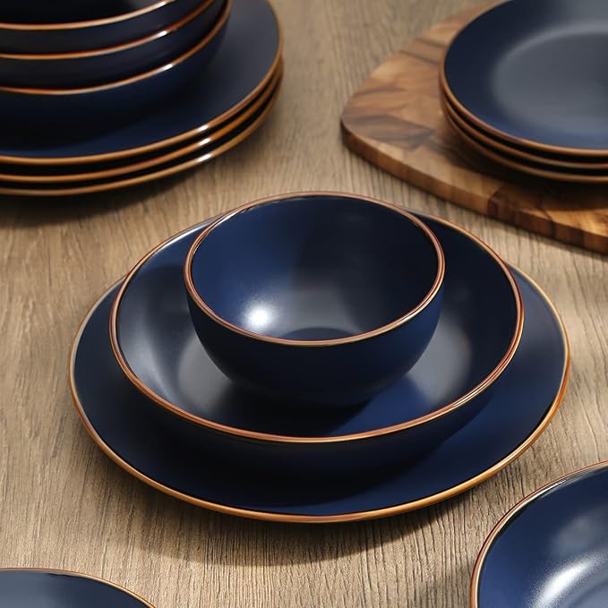 Stone Lain Brasa Stoneware 16 Piece Modern Dinnerware Sets, Plates and Bowls, Service for 4, Blue, Microwave & Dishwasher Safe