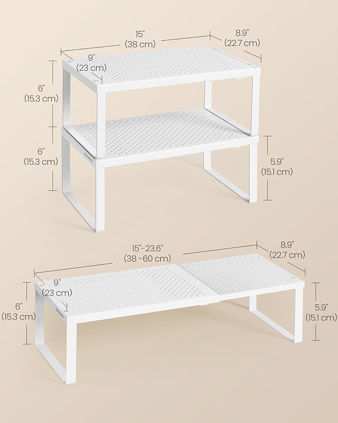 SONGMICS Spice Rack, Expandable Kitchen Countertop Shelf, Small Cupboard Organizer, Metal, Space-Saving Tabletop Shelf, Matte White UKCS007W01