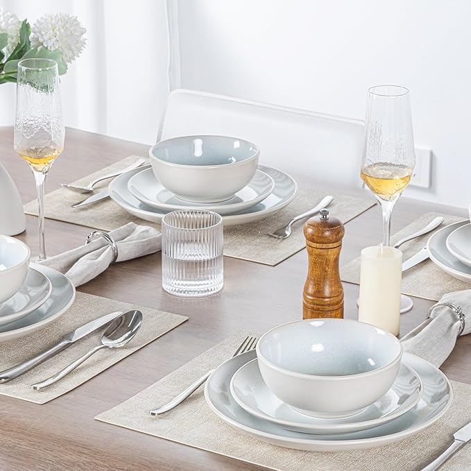 Plates and Bowls Sets for 6 - CJDC-QUELO 18-Piece Stoneware Dinnerware Sets, Ceramic Dishware Set for Kitchen Use and Formal Dining, Chip and Scratch Resistant Microwave Dishwasher Safe, Off White