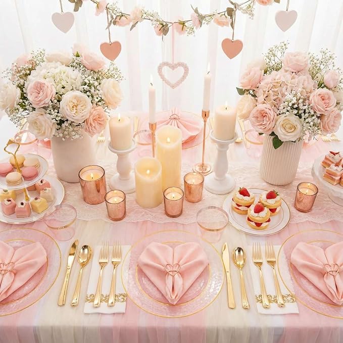 DaYammi 175 Pcs Pink Plastic Plates Dinnerware Set (25 Guests), Pink Disposable Plates, Hammered Party Platos Set Include Dinner Platos, Dessert Plates, Cups, Cutlery for Mother's Day Party