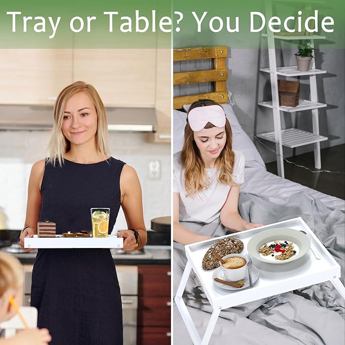 Bamboo Bed Tray Table with Foldable Legs, Breakfast in Bed Tray for Eating, Kitchen Serving Trays, Folding Table for Sofa, Beds, Eating, Working, Used As Laptop Desk Snack Trays, White