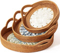 Mothers Day Gifts Set – 3 Handwoven Rattan Trays with Natural Shell Inlay, Boho Decorative Wicker Serving & Coffee Table Trays with Handles for Home Decor, Candles, Snacks & Holiday Entertaining