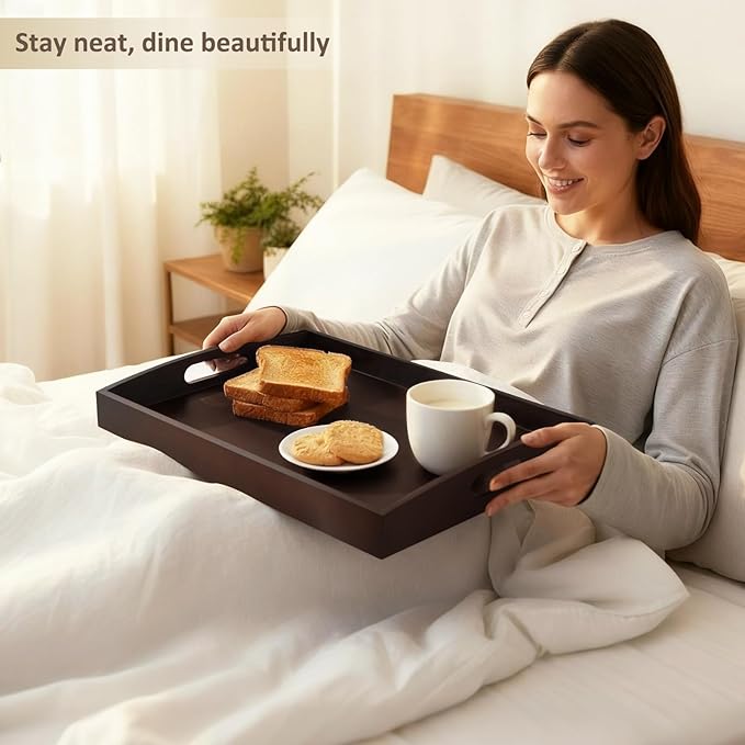 Bamboo Serving Tray with Handles, Set of 2 Large Wood ServingTrays for Food & Coffee, Elegant Wooden Tray for Breakfast in Bed, Kitchen & Party & Entertaining - Black Walnut Finish