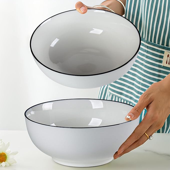 60 oz Large Pho Soup Bowls, Large Ramen Bowls, Rimmed Off-White Big Ceramic Bowls Set of 3, 8 Inch