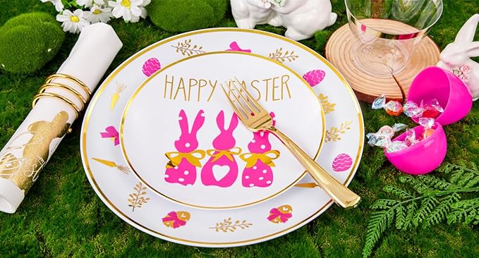 Hioasis 175pcs Easter Plastic Plates, Bunny Plastic Disposable Dinnerware Set Include 25 Dinner Plates, 25 Dessert Plates, 25 Forks, 25 Knives, 25 Spoons, 25 Napkins，25 Cups Perfect for Easter Party