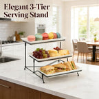 Farielyn-X 3 Tier Serving Tray, 12" White Plastic Tiered Food Serving Platters, Reusable Tray Stand Black Collapsible Metal Stand with Stable Cross Bars, Party Display Stands for Veggie Fruit, Dessert