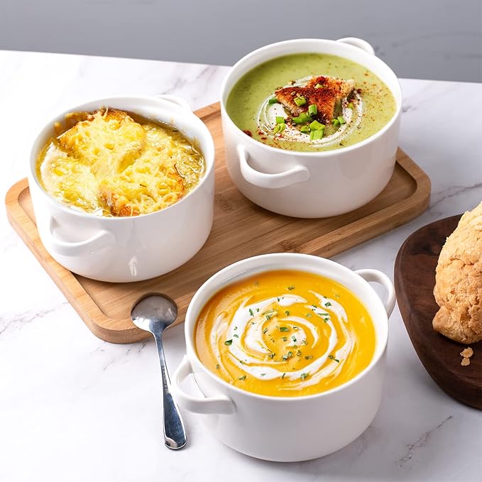 DELLING Soup Bowls with Handles Set of 6, 24 Oz Ceramic French Onion Soup Crocks Oven Safe - Large Soup Mugs for Chili Stew Cereal, Microwave Dishwasher Safe, White