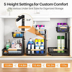 PXRACK Under Sink Organizer, Adjustable Height, 2 Tier Pull Out Under Cabinet Organizer, Slide Out Thickened Metal Under Sink Storage for Kitchen Bathroom Laundry Pantry Cabinet, Black, Large-1-Pack