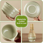 YOLIFE 7 Pcs Matcha Whisk Set, Matcha Kit for Ceremony, Includes Matcha Bowl with Spout, Bamboo Whisk (Chasen) with Ceramic Holder, Scoop, Powder Spoon and Sifter (Matcha Green)