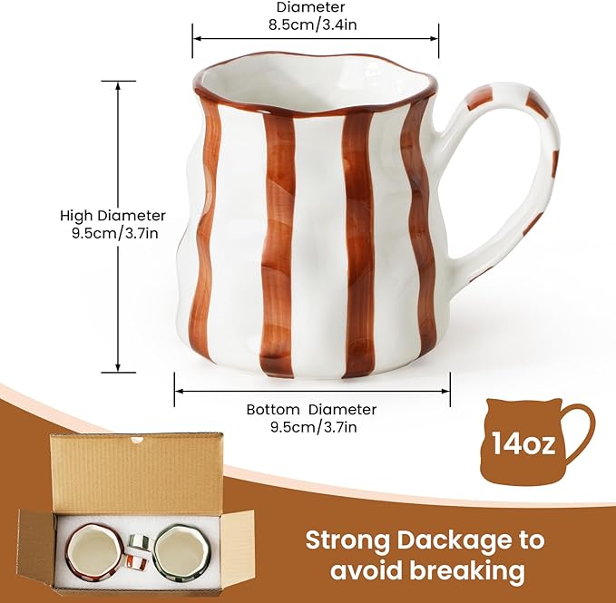 Ceramic Cute Coffee Mugs Set of 2,Cute Mugs For Women,Pretty Mugs(Striped),14 oz Ceramic Large Mugs, Dishwasher Microwave Safe