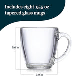 Libbey Tapered Glass Mug Set of 8, 15.5 Oz Thick, Clear Glass Coffee Cups w/ C-Shaped Handle, Dishwasher Safe Coffee Mugs Set for Tea, Cider and More