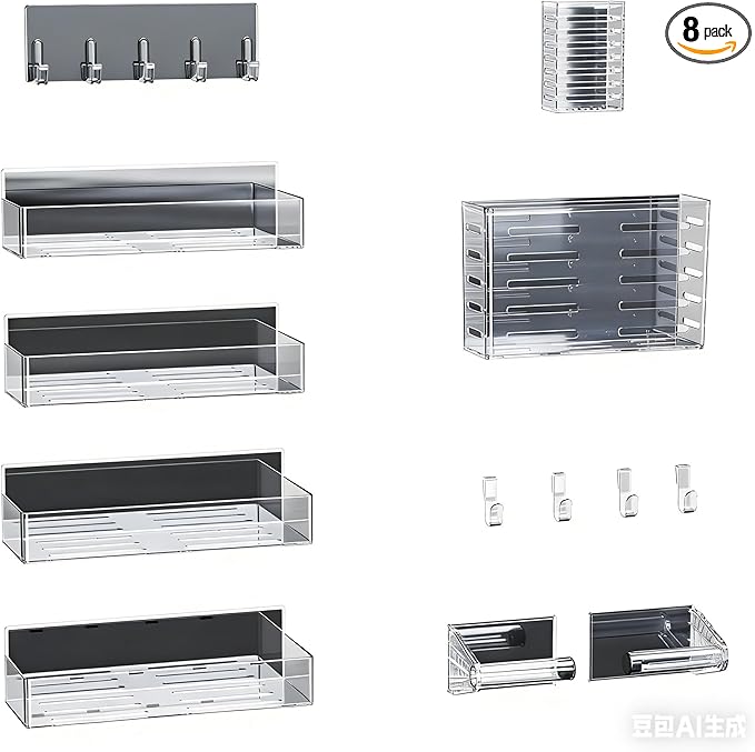 Magnetic Spice Rack for Refrigerator,8 Pack Magnetic Shelf,Fridge Magnet Organizer with Paper Towel Holder,Utensils Racks,Hook Rack,Deepened Basket,Fridge Organizers and Storage Clear(8 Pack)