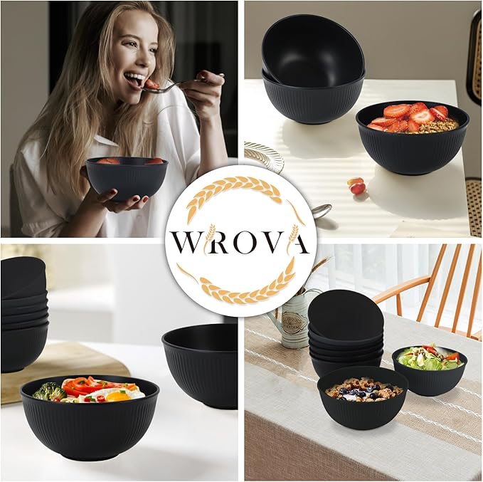 Wrova Wheat Straw Bowl Sets of 8,Unbreakable Cereal Bowl 26 OZ,Microwave and Dishwasher Safe Bowls,Salad Bowl suitable for Cereal,Salad,Snack and Soup. Winter-Pure Black