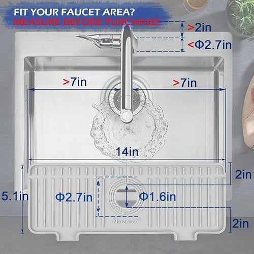 Amerner Kitchen Sink Splash Guard, Silicone Faucet Guard & Draining Mat, Bathroom and Kitchen Sink Organizer, Sink Faucet Mat Water Splash Guard Behind Faucet Accessories Gadgets, 14.2” x 5.1”, White