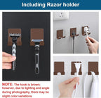 Diesisa Razor Holder for Shower + Adhesive Wall Hooks, Premium 304 Stainless Steel Shower Razor Holder with Heavy Duty Waterproof Sticky Hooks for Hanging Towels, Coat, hat (2+2 Pack)-Brown
