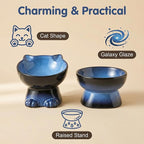 Nihow Elevated Cat/Dog Bowls Set : 6.2 Inch Ceramic Raised Cat Food & Water Bowl Set for Protecting Pet's Spine - Feeding & Watering Supplies for Cat/Small Size Dog - Elegant Blue & Black (2 PC)