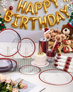 BESTVIP 350PCS Disposable Clear Red Dinnerware Sets for 50 Guests, Plastic Plates for Party, 100 Plastic Plates, 50 Cups, 50 Pre-Rolled Napkins with Cutlery for Parties, Christmas, Wedding