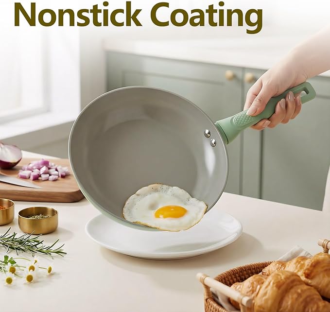 Non Stick Frying Pan Skillet,Egg Pan,Green Omelet Pan,PFOA Free,10 Inch Ceramic frying pan,Induction with all cooktops,non-slip grip.