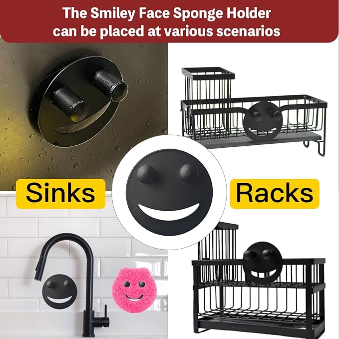 Stainless Steel Smiley Face Sponge Holder with Adhesive Hook - No Falling Risk, Rustproof Sink Sponge Holder for Kitchen, Bathroom&RV Apartment, Keep Happy Face Sponges Dry and Odor Free, Black