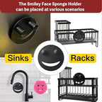 Stainless Steel Smiley Face Sponge Holder with Adhesive Hook - No Falling Risk, Rustproof Sink Sponge Holder for Kitchen, Bathroom&RV Apartment, Keep Happy Face Sponges Dry and Odor Free, Black