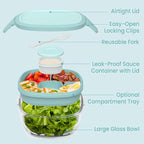 Bentgo Glass Salad Container - 7.6-Cup Salad Bowl with Airtight Lid, Leak-Proof Sauce Container, 4-Compartment Bento Tray & Reusable Fork - BPA-Free for Meal Prep, Office & More (Coastal Seaglass)