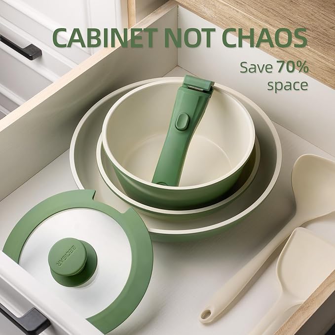 8PCS Ceramic Cookware,Nonstick Ceramic Pan, Removable Handle Pots and Pans Set, Stackable Set, Nonstick Pan Pots and Pans Set Non Stick pot (Green)