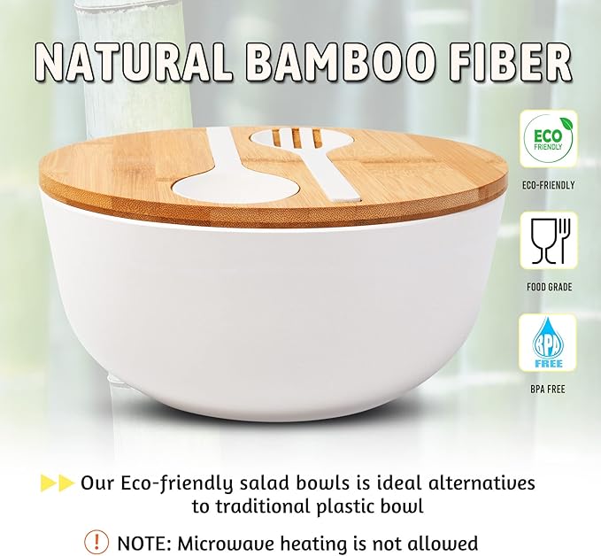 ECOWAY Bamboo Fiber Salad Bowl Set with Lid & Servers, 4Qt Large Serving Bowl with Bamboo Lid, 130OZ Mixing Bowl with Spoon Fork for Salad Fruits Vegetables and Pasta (White, 9.8inch)