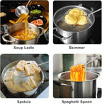 304 Stainless Steel Cooking Utensils Set, 9 PCS Metal Stainless Steel Kitchen Utensils Set, Serving Spoon, Spaghetti Spoon, Skimmer, Meat Fork etc (Dishwasher Safe)
