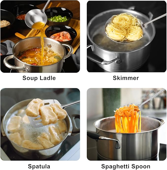 304 Stainless Steel Cooking Utensils Set, 9 PCS Metal Stainless Steel Kitchen Utensils Set, Serving Spoon, Spaghetti Spoon, Skimmer, Meat Fork etc (Dishwasher Safe)