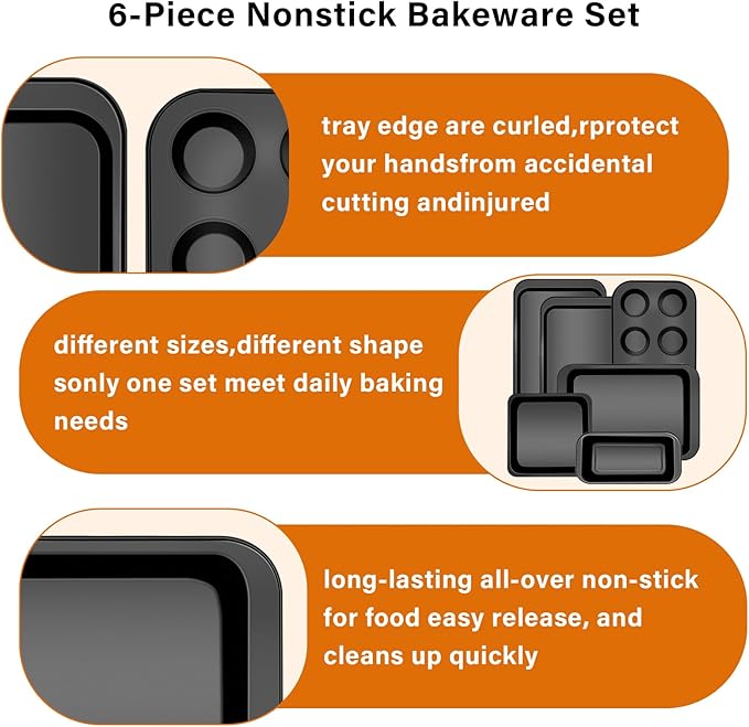 6-Piece Carbon Steel Bakeware Set, Nonstick Baking Pans with Cookie Sheet, Deep Roaster, Square Pan, Loaf Pan, Muffin Pan for Cooking,Baking Pans Set (black)