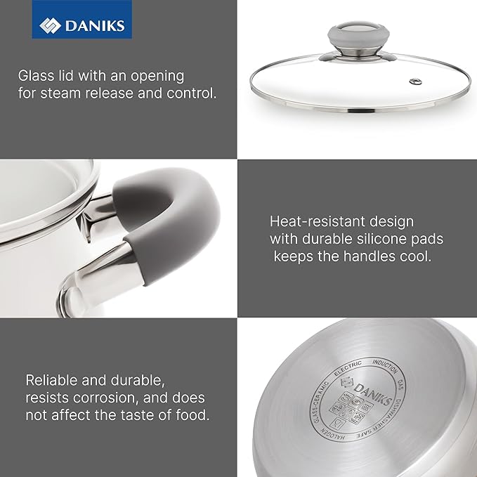 Daniks Modern 11-Piece Stainless Steel Cookware Set with Glass Lids, Includes Saucepan and Frying Pan with Lid, Tri-Ply Bases for Even Heating, Induction Compatible, Dishwasher Safe, Heatproof Handles