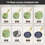 Nuwave Lux LE 13-Pc Cookware Set with Elegant Gold Handle, Diamond Infused Ceramic Non-Stick, PFAS Free, Premium Metal Lids, Ergonomic Stay-Cool Handles, Induction Ready & Compatible w/All Cooktops