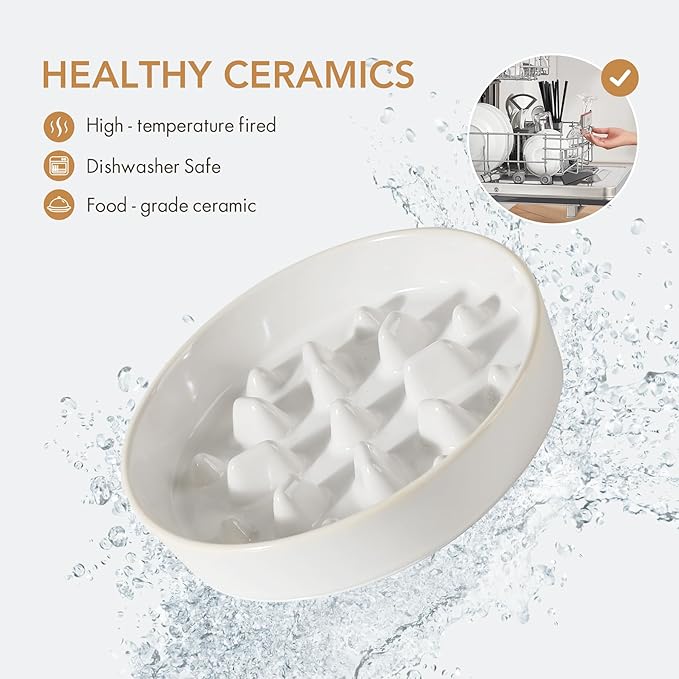 Havniva Ceramic 1.6 Cup Dog Bowl Slow Feeder for Fast Eaters, 8.2inch Slow Pet Food Dish for Medium and Large Dog, Stop Bloat, Preventing Choking(Single Bowl,Reactived Glaze -White)