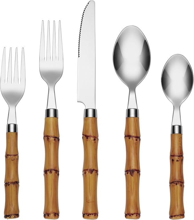 Cambridge Silverware Set, Plastic Bamboo-Shaped Handle 20-Piece Flatware Set, 18/0 Stainless Steel, Service For 4, Dishwasher Safe, Knife Spoons and Forks sets, Plastic Handles (Silver, 20 Piece)