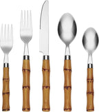 Cambridge Silverware Set, Plastic Bamboo-Shaped Handle 20-Piece Flatware Set, 18/0 Stainless Steel, Service For 4, Dishwasher Safe, Knife Spoons and Forks sets, Plastic Handles (Silver, 20 Piece)