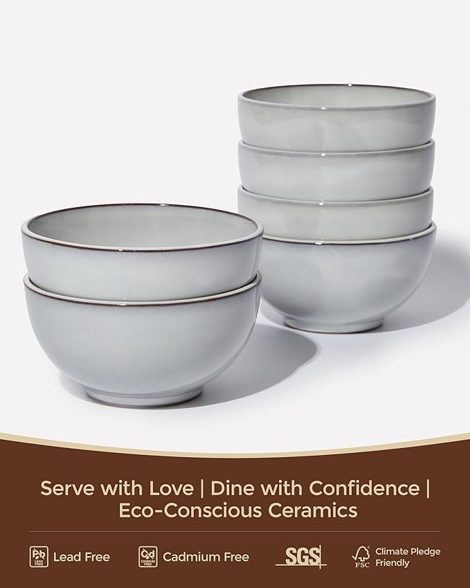 Pokini 5.3" Cereal Bowls & Dessert Bowls Set of 6-20 Oz Small Bowls for Kitchen-Ceramic Bowl for Cereal, Soup, Oatmeal, Salad, Ramen, Noodle, Rice, Yogurt-Dishwasher & Microwave Safe, Moonstone White