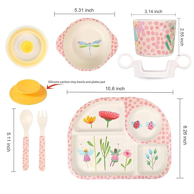 shopwithgreen 7Pcs/Set Bamboo Kids Dinnerware Set - Children Dishes - Food Plate Bowl Cup Spoon Fork Set Dishware, Cartoon Tableware, Dishwasher Safe Kids Healthy Mealtime, BPA Free
