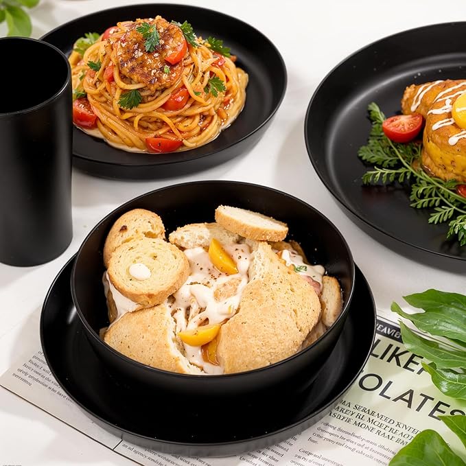 EI 24pcs Black Wheat Straw Plates,Wheat Straw Dinnerware Set,Plates and Bowls Sets,Reuasble Plate,Unbreakable Dinner Plate Heavy Duty Plastic for Picnic Outdoor Activities Dormitory Kitchen