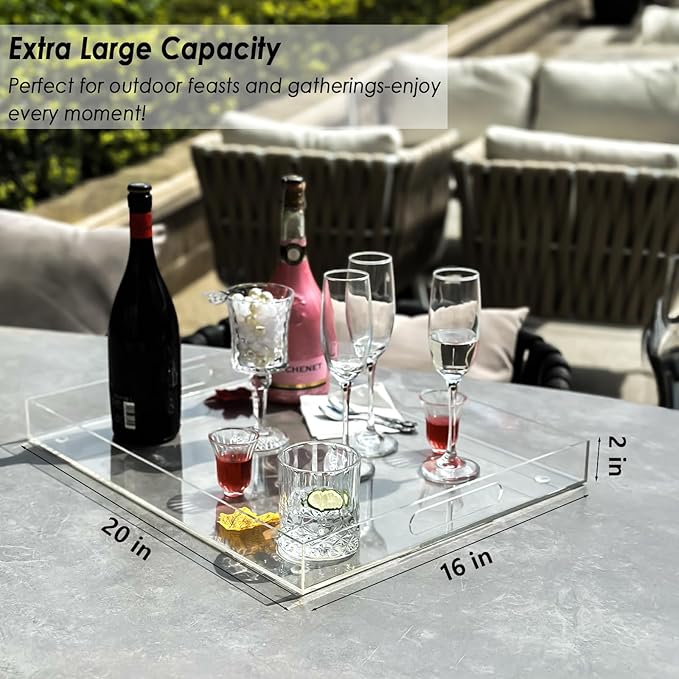 Extra Large Serving Tray with Handles, Acrylic Tray for Food, Drinks, Snacks and Appetizer, Rectangular Trays for Eating, Lucite & Coffee Table Trays, Acrylic Makeup Organizer 16" × 20"