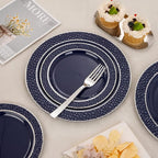 Ciaell 150 PCS Blue and Silver Plastic Plates - Blue Disposable Plate include 50 Plates, 25 Knives, 25 Forks, 25 Spoons, 25 Cups for Weddings & Party